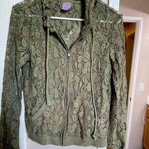 Floral olive green see-through zip up jacket